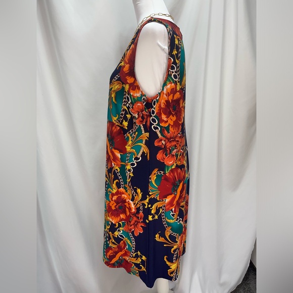 MSK Navy orange red Teal chain and floral print sleeveless dress women’s size M - Picture 5 of 16